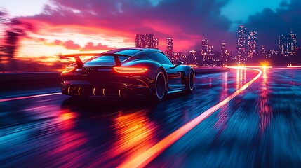 Speed of Modernity: A dynamic illustration of a sleek, high-performance car speeding along a neon-lit highway with the vibrant cityscape blurred in the background.