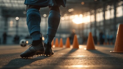 Obraz premium Athlete training with cones during sunset in an indoor sports facility.