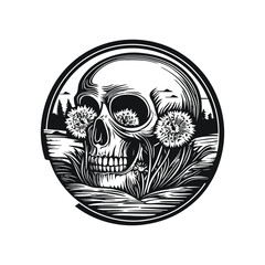 Obraz premium Detailed Engraving of Skull Surrounded by Nature Elements