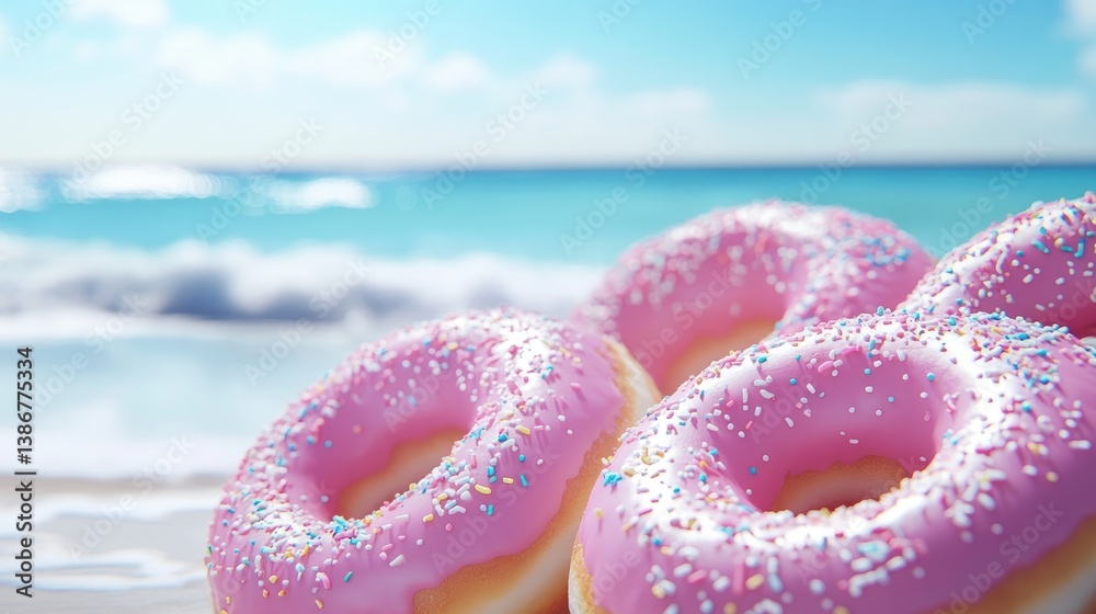 Poster a close-up of pink frosted donuts with sprinkles, set against a beach background with gentle ocean w
