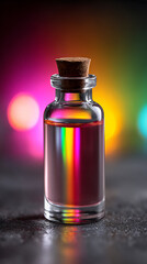 p: a close-up shot of a transparent bottle filled with colorful liquid