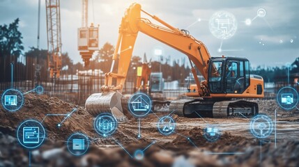 Excavator on construction site with digital overlays