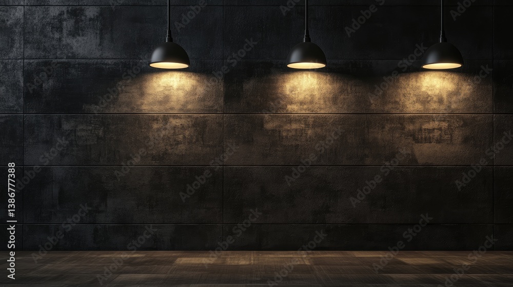 Poster a dimly lit room with pendant lights illuminating a textured wall and floor, creating a cozy and int
