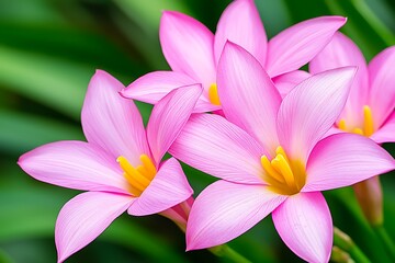Fototapeta premium Beautiful Pink Flowers with Yellow Centers in Lush Green Foliage