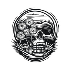 Fototapeta premium Engraving of a Skull Surrounded by Nature and Dandelions