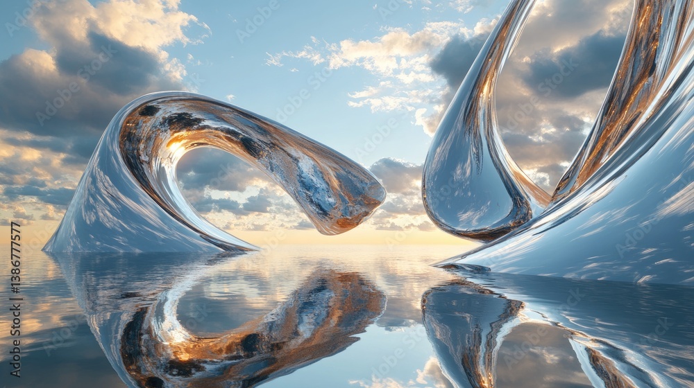 Poster a dreamlike scene with reflective metallic structures twisting through the sky, set against a peacef