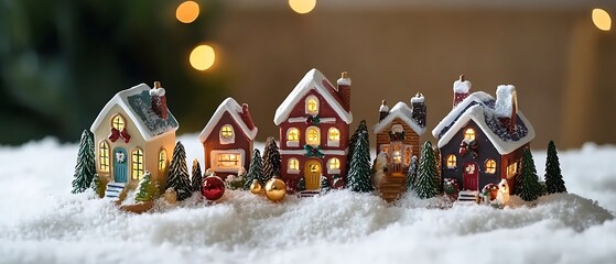 Festive miniature houses displayed in a snowy winter holiday scene