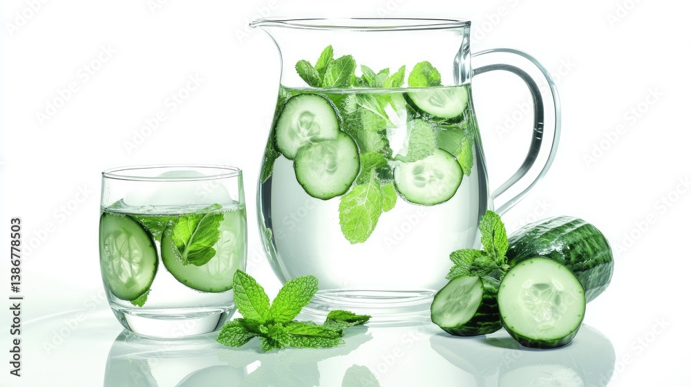 Poster a glass and pitcher of refreshing water infused with cucumber slices and mint leaves, offering a coo