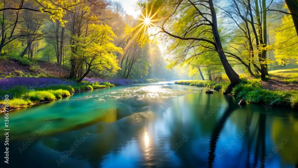 Poster Sunlight streams through trees onto a flowing river in a vibrant forest