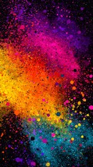 Vibrant explosion of colorful powder paint splatters on black background creating a dynamic and artistic abstract design perfect for digital wallpapers and creative projects.
