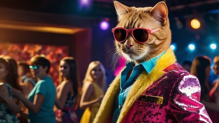 Cat wearing colorful clothes and sunglasses dancing on club background.