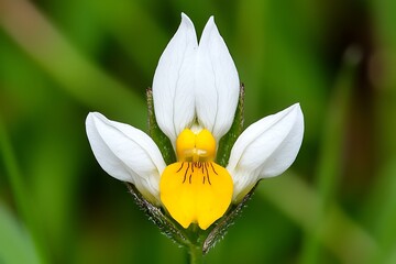 Fototapeta premium Beautiful White Flower with Yellow Center on Green Background