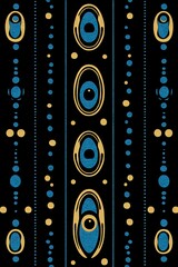 Retro vertical pattern featuring blue ovals, circles, and gold elements on black