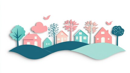 Colorful Abstract Illustration of Houses and Trees in a Landscape