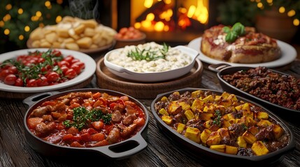 Obraz premium A spread of cozy home cooked holiday dishes on the table