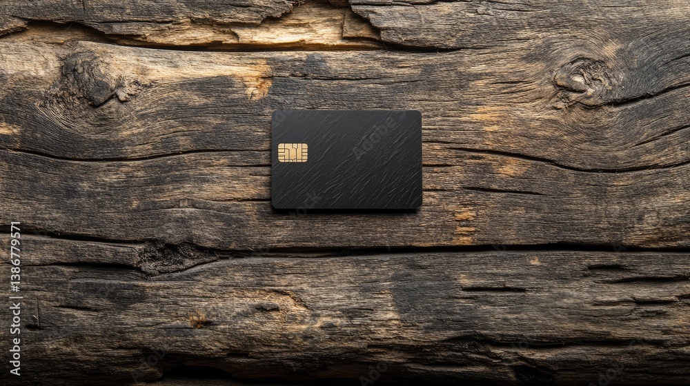 Poster A minimalist scene featuring a black card with a chip, placed on textured rustic wood, combining modern design with natural elements. Concept: Black Card, Chip Technology, Rustic Design