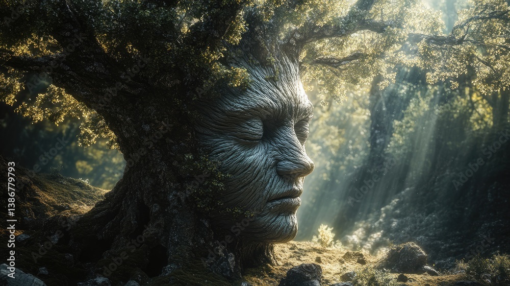 Poster a mystical, surreal landscape where a tree's form morphs into a human face, symbolizing the connecti