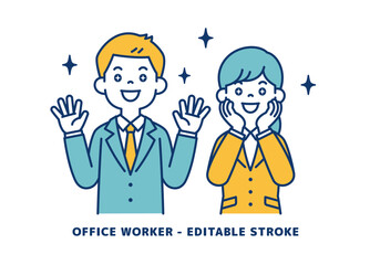 サプライズに喜ぶ、若い男女の会社員のベクターイラスト素材＿＿線の編集可能