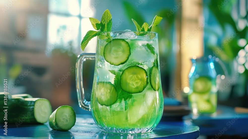 Poster A refreshing cucumber mint infusion served in a glass and pitcher, with ice cubes adding a cool touch to the vibrant beverage. Concept: Cucumber Mint Infusion, Refreshing Drink, Hydration