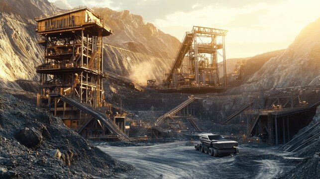 A scene at a mining site where gold ore is processed using industrial machinery, demonstrating the ore extraction and refining process. Concept: Gold Ore, Mining Equipment, Extraction Process