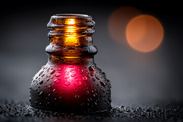 p: a macro shot of a textured plastic bottle with condensation droplets