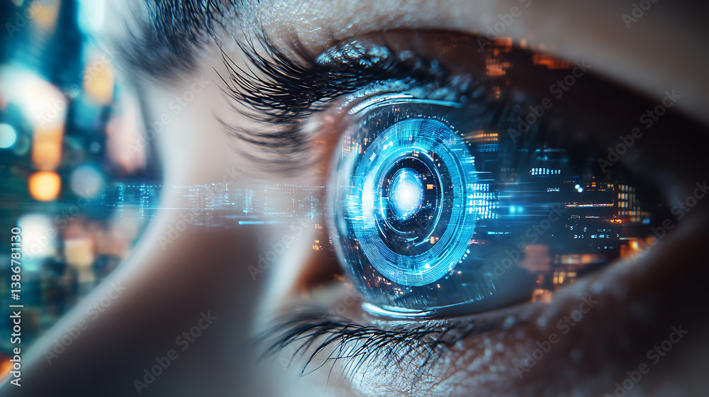 Canvas Prints a person using a smart contact lens for vision enhancement, futuristic urban environment with real-t