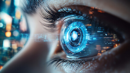 A person using a smart contact lens for vision enhancement, futuristic urban environment with real-time information displayed through the contact lens, High-tech style
