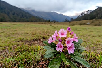 Obraz premium Vibrant Pink Orchid Blooms in Lush Mountain Meadow Landscape