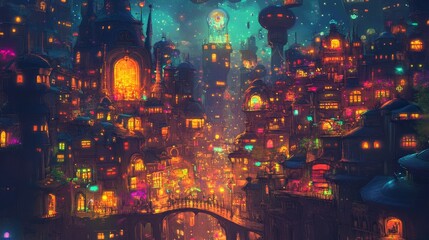 Fototapeta premium Cityscape with illuminated buildings and bridges at night in a