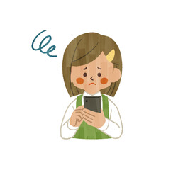 困った表情でスマートフォンを使っているエプロンを着用した女性-ガッシュ