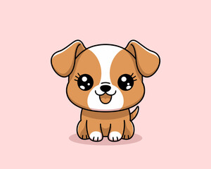 Cute Cartoon Puppy Dog with Big Eyes on Pink Background