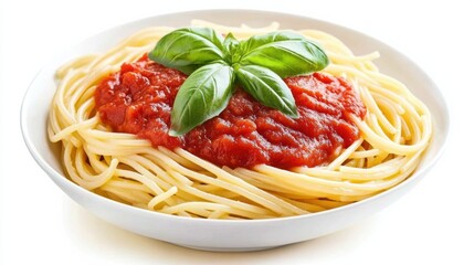 A classic bowl of spaghetti with tomato sauce and basil leaves. Featuring comfort and tradition
