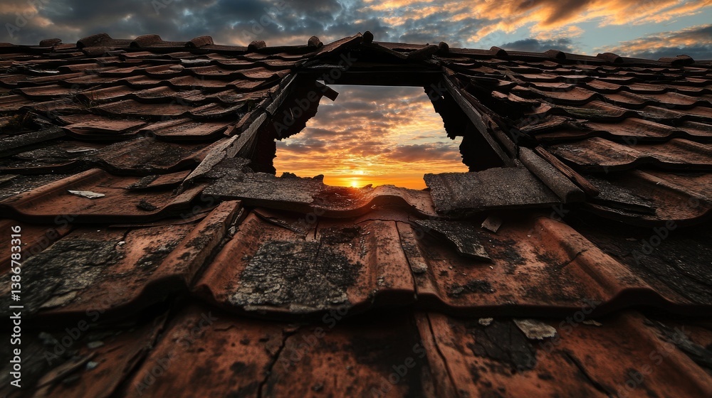 Poster a view through a damaged roof, showcasing broken tiles with a cloudy sky and a hint of sunset in the