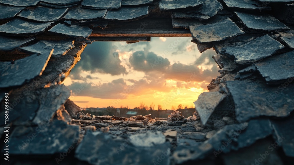 Poster a view through a damaged roof, showcasing broken tiles with a cloudy sky and a hint of sunset in the