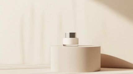 Cream jar on beige pedestal, minimalist studio shot.  Possible use beauty product advertisement