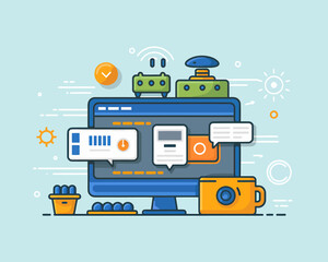 Creative workstation vector illustration, computer screen with development interface