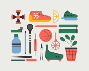 Vibrant Flat Lay: Sports Gear, Gardening, and Accessories Icon Set