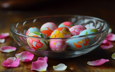Painted Easter eggs floating in a shallow glass bowl with petals.