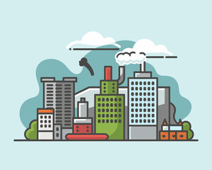 Obraz premium Cartoon Cityscape: Urban Illustration with Buildings and Pollution