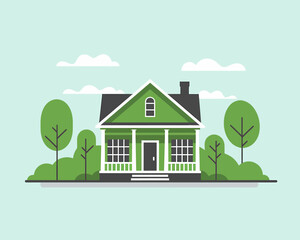 Green Minimalist House Illustration with Trees and Clouds in Flat Style