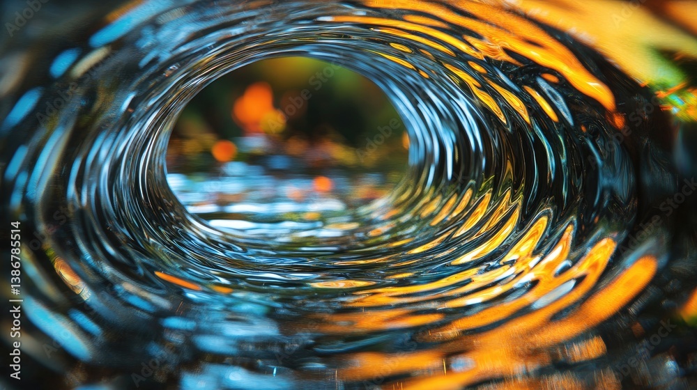 Poster water spiraling through a circular tunnel, forming captivating reflections and colorful patterns, cr