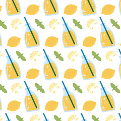 Lemonade Bottles and Lemons, mint leaves. Seamless Pattern. Vector Illustration © guzelika