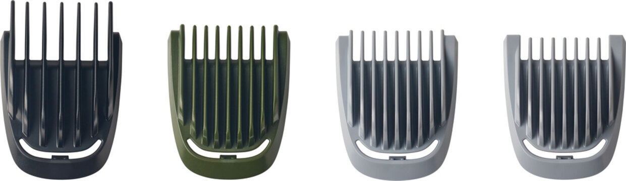 set of fixed length hair trimmer combs, guide combs or guards isolated white background, different sizes of clipper attachments or pieces for haircuts, beards and body grooming