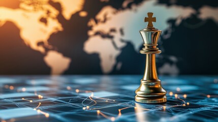 Elegant Gold Chess King Piece Against World Map Background