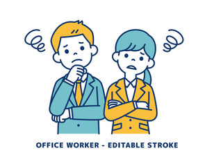 困った表情で悩む、若い男女の会社員のベクターイラスト素材＿＿線の編集可能