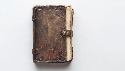 Worn Vintage Leather-Bound Book on White Surface, Perfect for Themes of History, Literature, and Education.
