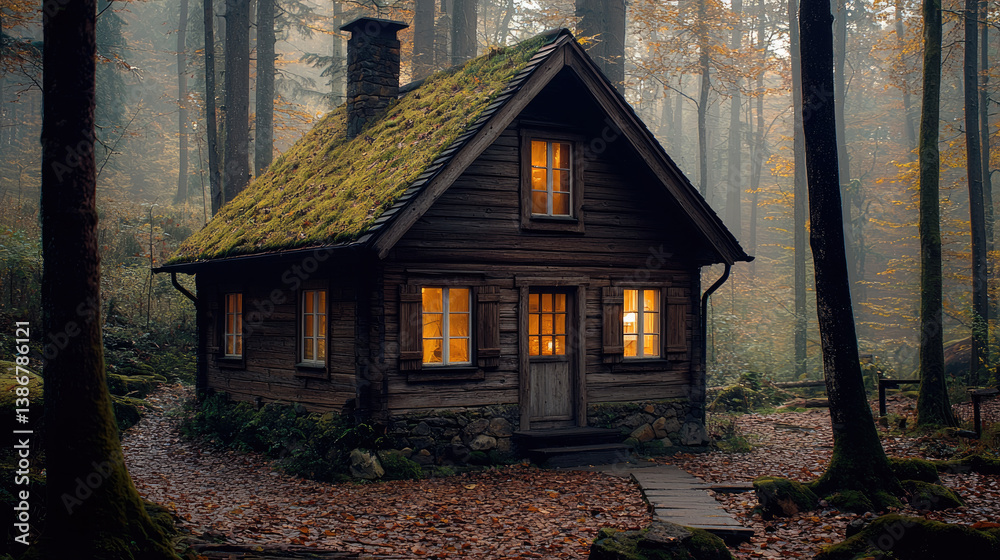 Poster rustic wooden cabin surrounded by trees, with moss covered roof and warm glowing windows, creating c