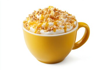 Yellow Mug with Creamy Dessert Topped with Caramel and Crumble, Perfect for Indulgent Treats and Cozy Moments.