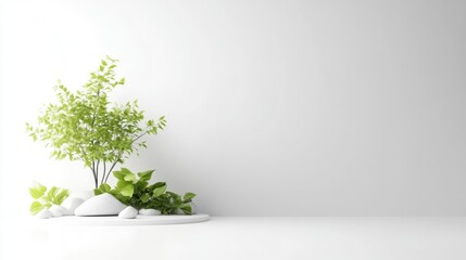 A small tree and plants sit on white stones. The scene is minimalist, with a bright white background. The image is digitally rendered, high quality, and features soft lighting. The style is clean a