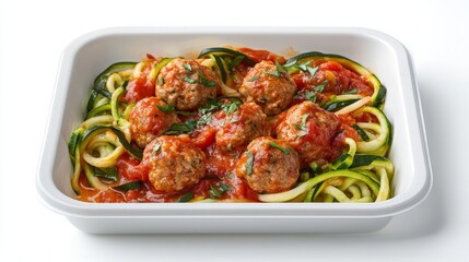 Zucchini Noodles with Meatballs in Tomato Sauce - A Delicious and Nutritious Ready-to-Eat Meal Perfect for Healthy Eating and Quick Dinners.